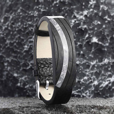 Meteorito de fibra de carbono Pulsera de couro masculino ajustável comprimento 16-19cm