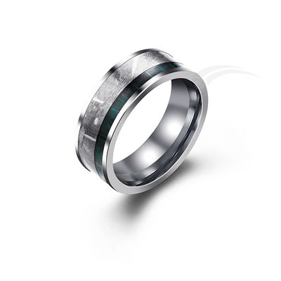 Confortável anel de tungstênio e meteorito com caixa verde madeira velha design elegante