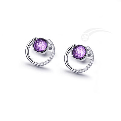 Meteorite 925 Sterling Silver Earring Studs CZ Purple Design Distinto